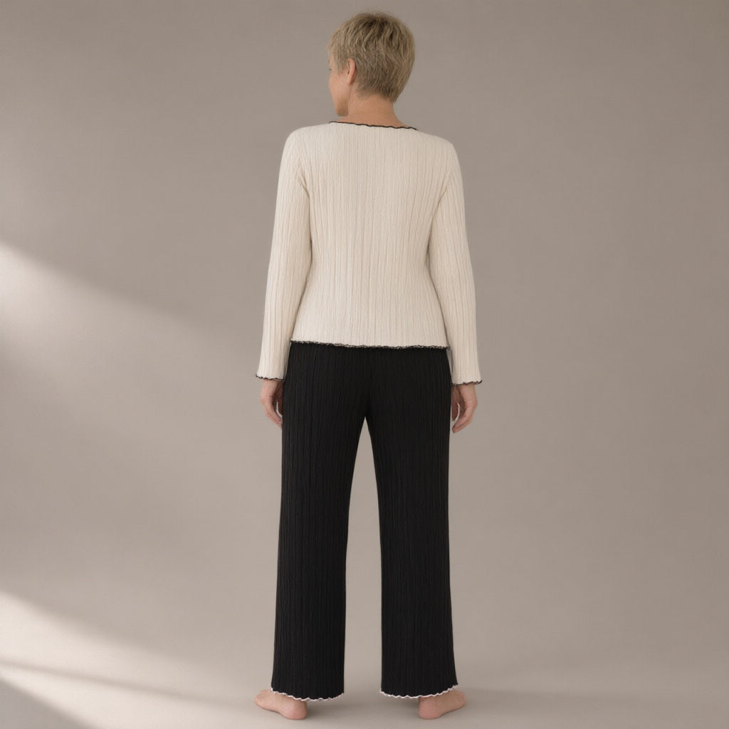 Woman seen from behind wearing the ribbed knit lounge set, back view