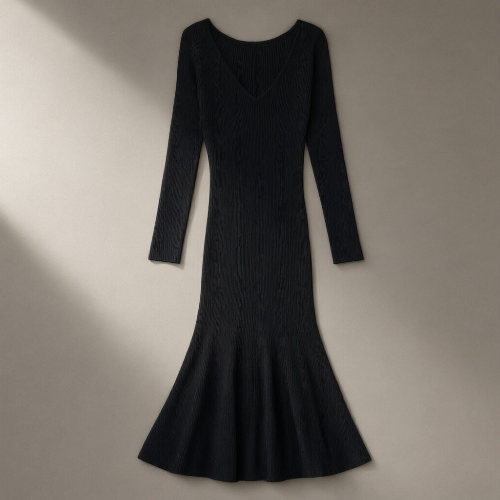Women’s Ribbed Knit Midi Dress, V-Neck Long Sleeve – Black, laid flat on a stone backdrop