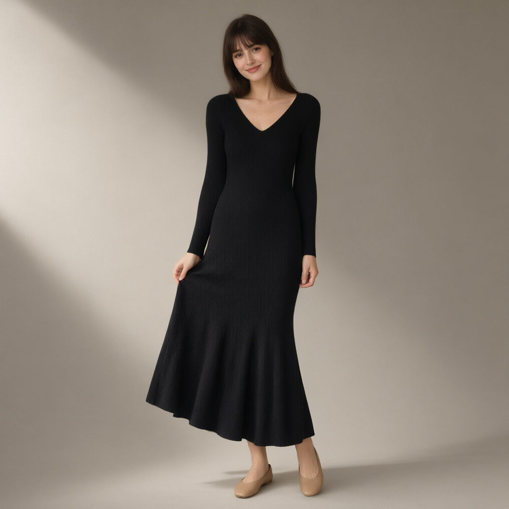 Woman wearing the ribbed knit midi dress, v-neck long sleeve – black, full length, studio