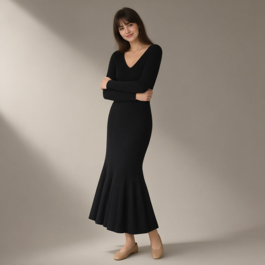 Woman wearing the ribbed knit midi dress, v-neck long sleeve – black, three-quarter view, studio