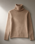 Women’s Roll Neck Wool Jumper, 100% Wool, laid flat on a stone backdrop