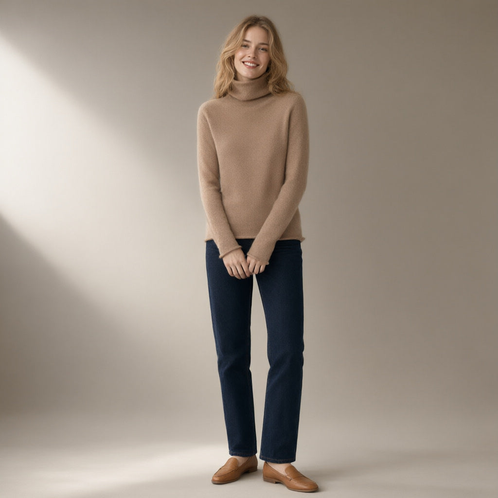 Woman wearing the roll neck wool jumper, 100% wool, full length, studio