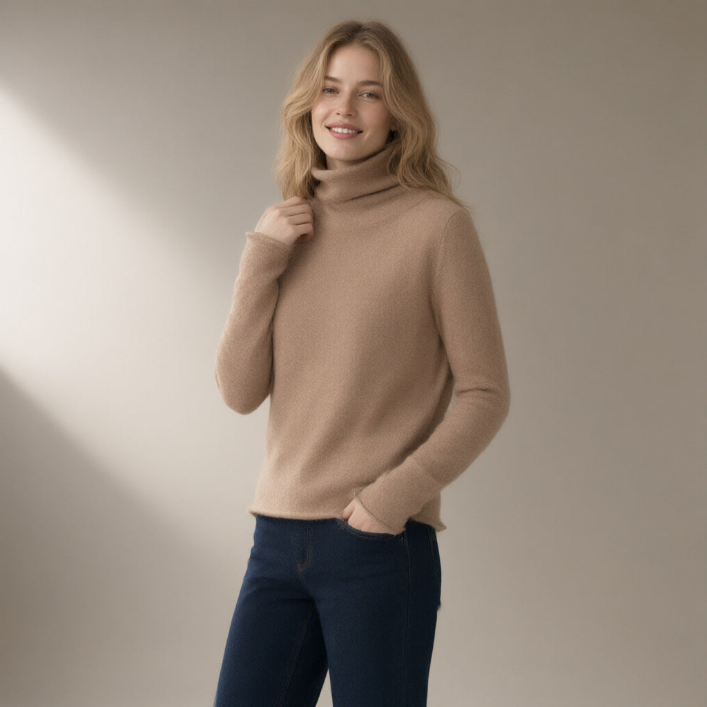 Woman wearing the roll neck wool jumper, 100% wool, three-quarter view, studio