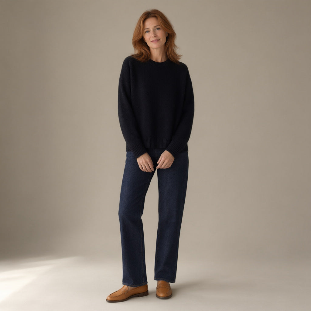 Woman wearing the wool jumper, round neck, 100% wool, full length, studio