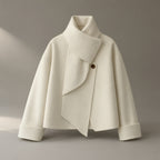 Women’s Short Scarf-Collar Double-Faced Coat, 95%+ Wool, laid flat on a stone backdrop