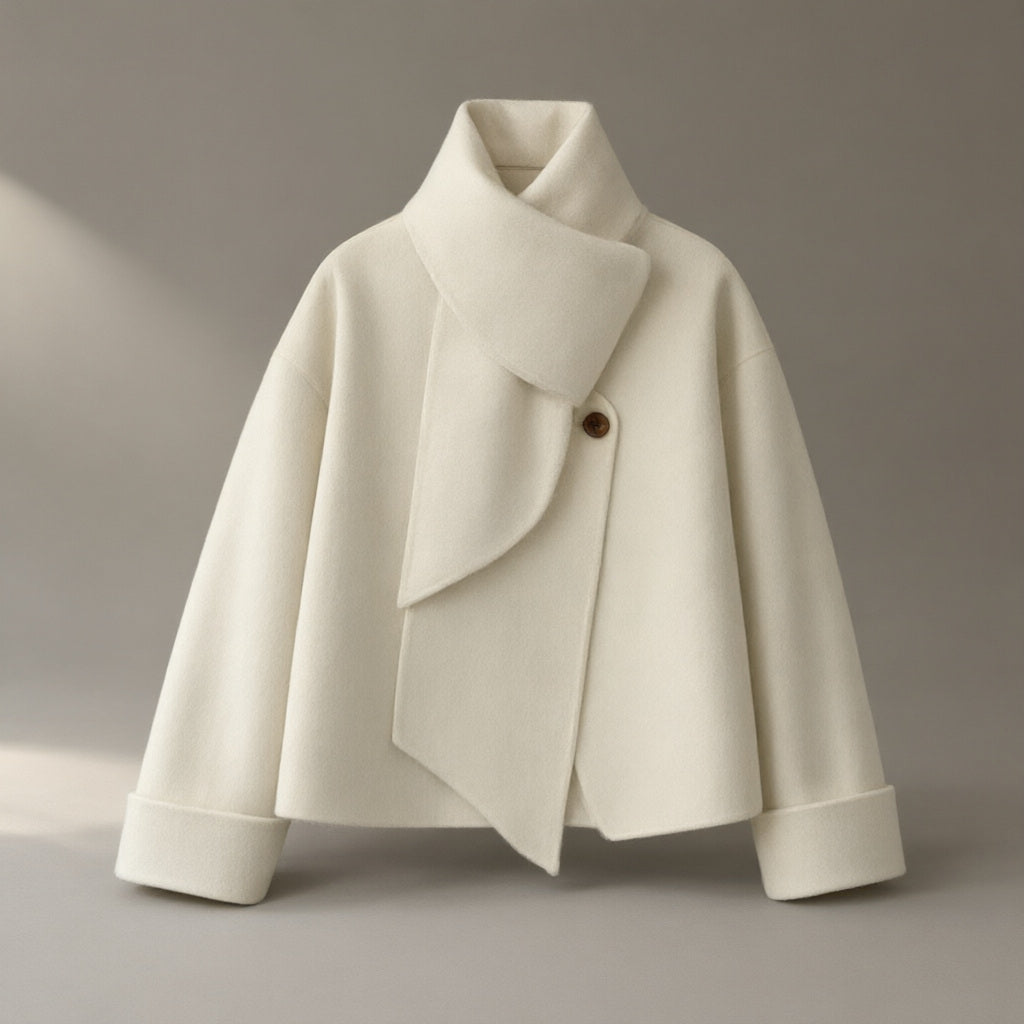 Women’s Short Scarf-Collar Double-Faced Coat, 95%+ Wool, laid flat on a stone backdrop