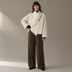 Woman wearing the short scarf-collar double-faced coat, 95%+ wool, full length, studio