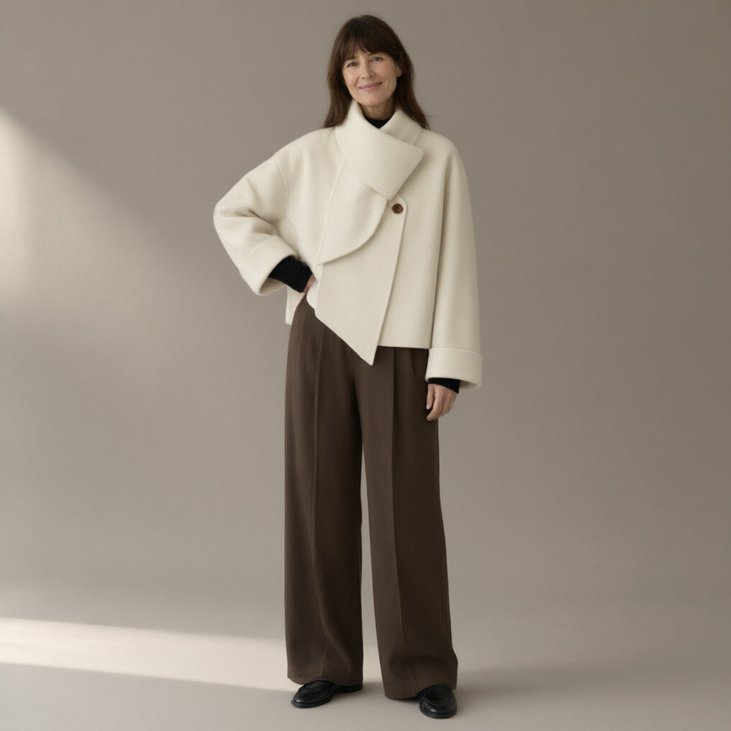 Woman wearing the short scarf-collar double-faced coat, 95%+ wool, full length, studio