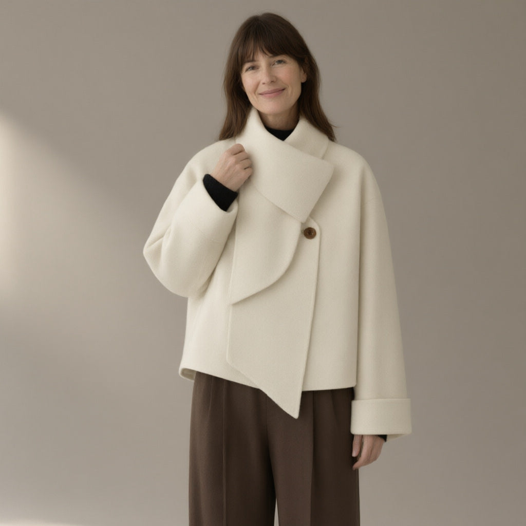 Woman wearing the short scarf-collar double-faced coat, 95%+ wool, three-quarter view, studio