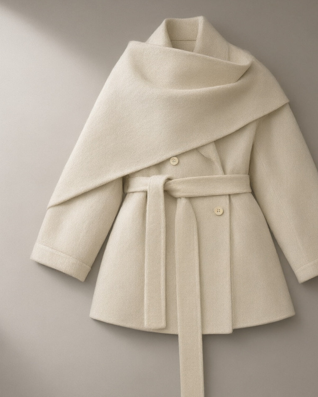 Women’s Shawl Collar Belted Wool Coat, laid flat on a stone backdrop