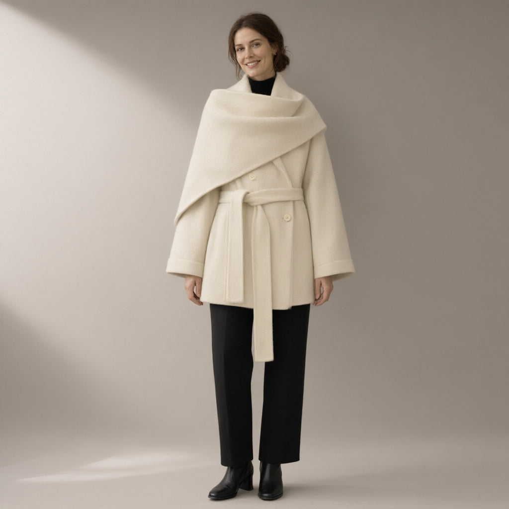 Woman wearing the shawl collar belted wool coat, full length, studio