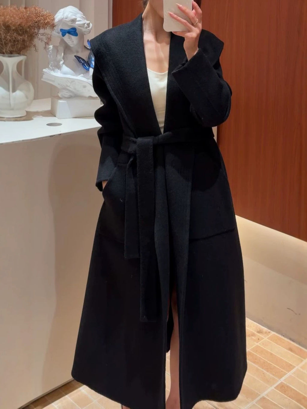 Women's Shawl-Collar Wrap Coat, Double-Faced Wool in black, front