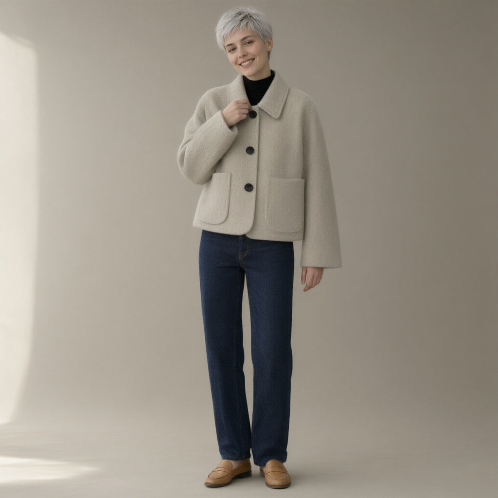 Woman wearing the shirt collar wool jacket, single-breasted, full length, studio