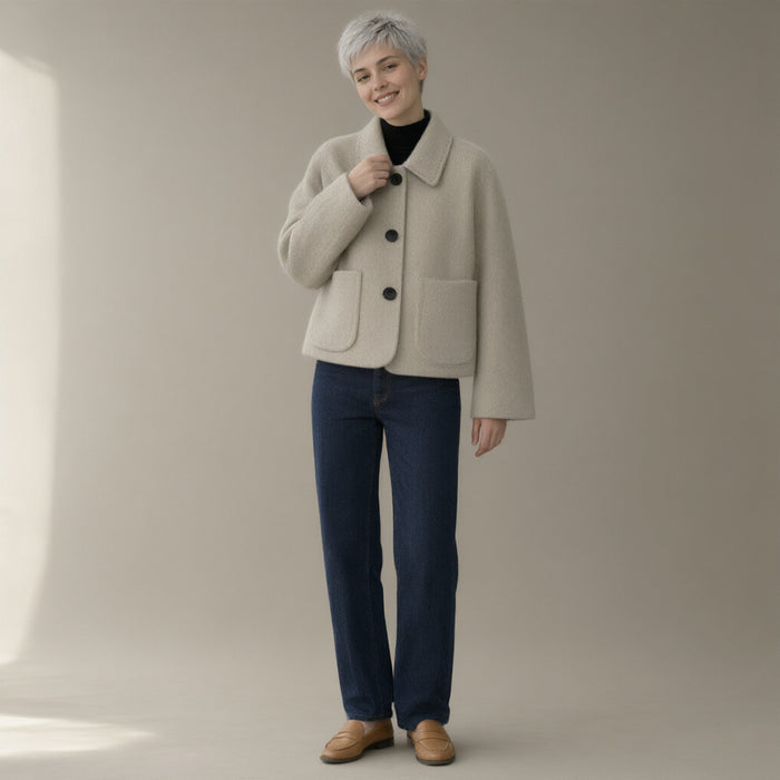Woman wearing the shirt collar wool jacket, single-breasted, full length, studio