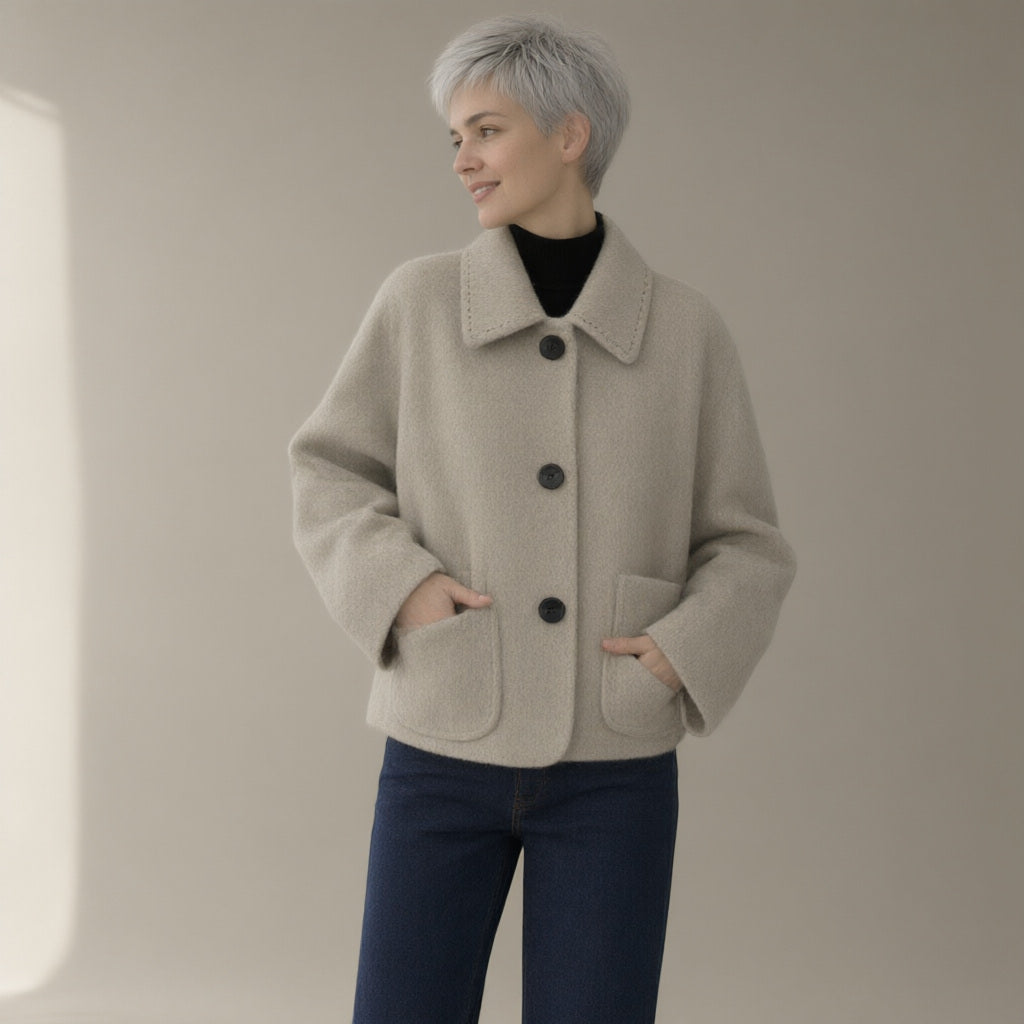 Woman wearing the shirt collar wool jacket, single-breasted, three-quarter view, studio
