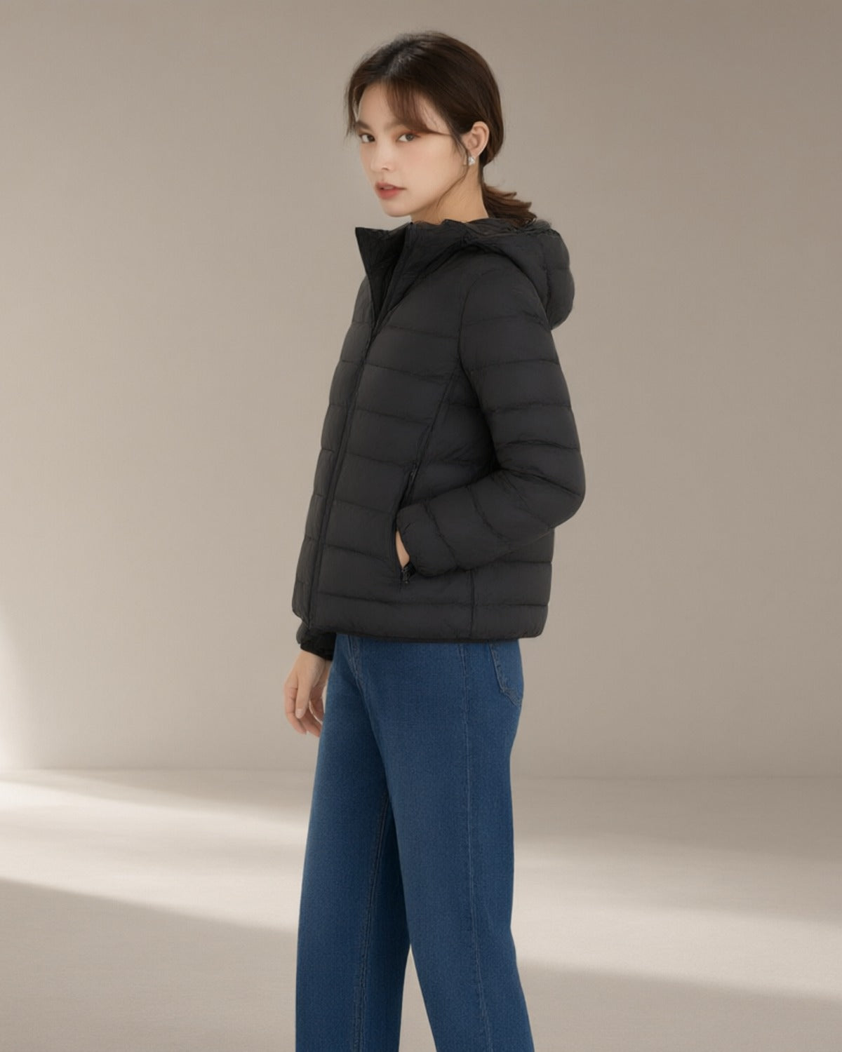 Women's Short Hooded Down Jacket, Black – three-quarter view