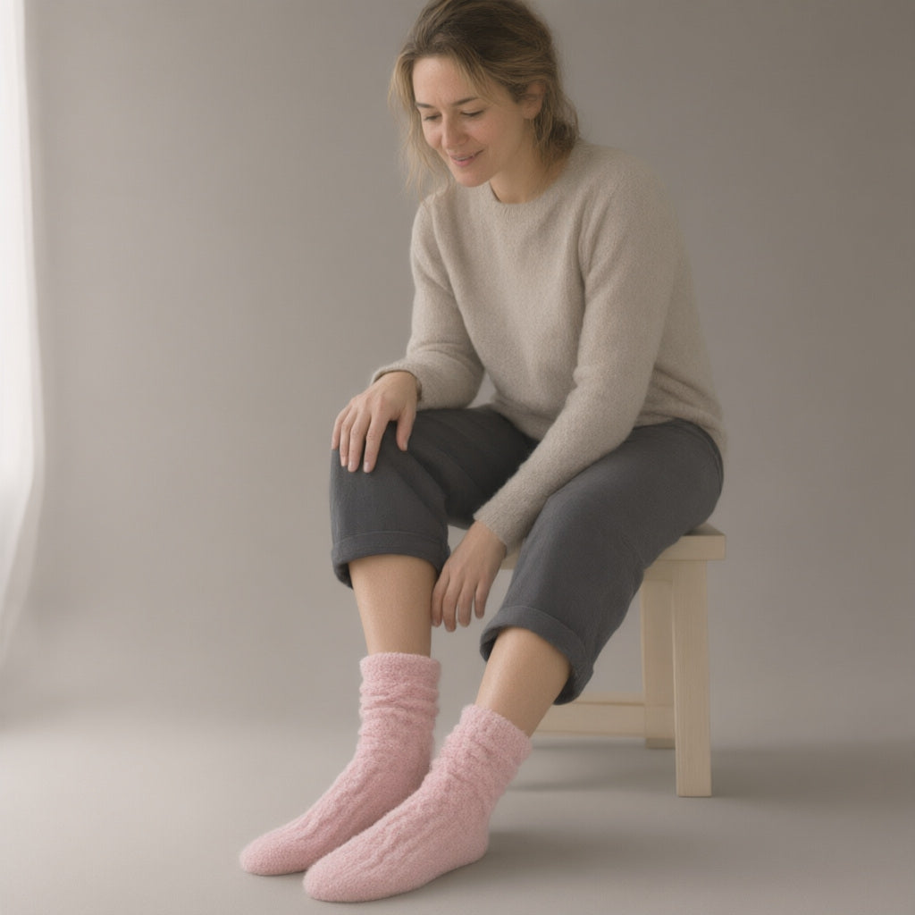 Woman wearing the fluffy bed socks — 2 pairs, three-quarter view, studio