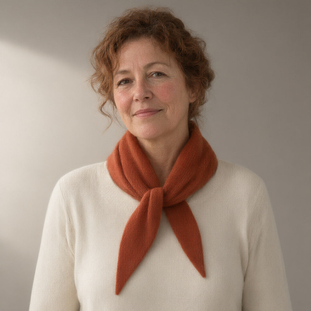 Woman wearing the slim knitted wool scarf, triangle tie, full length, studio