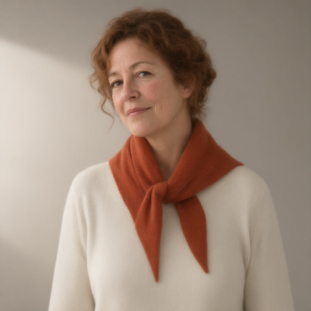 Woman wearing the slim knitted wool scarf, triangle tie, three-quarter view, studio