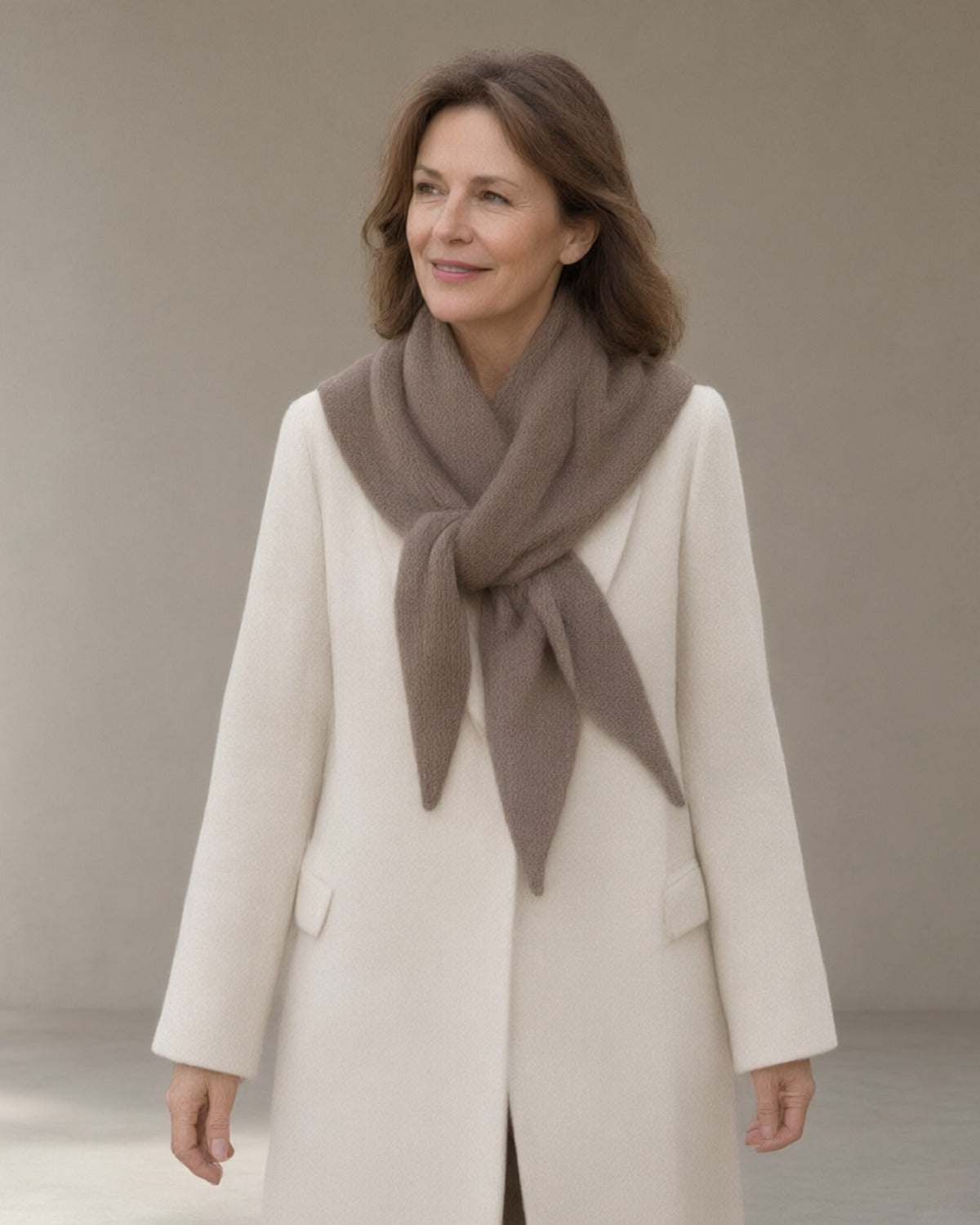 Women's Slim Knitted Wool Scarf, Triangle Tie, Brown – front, studio