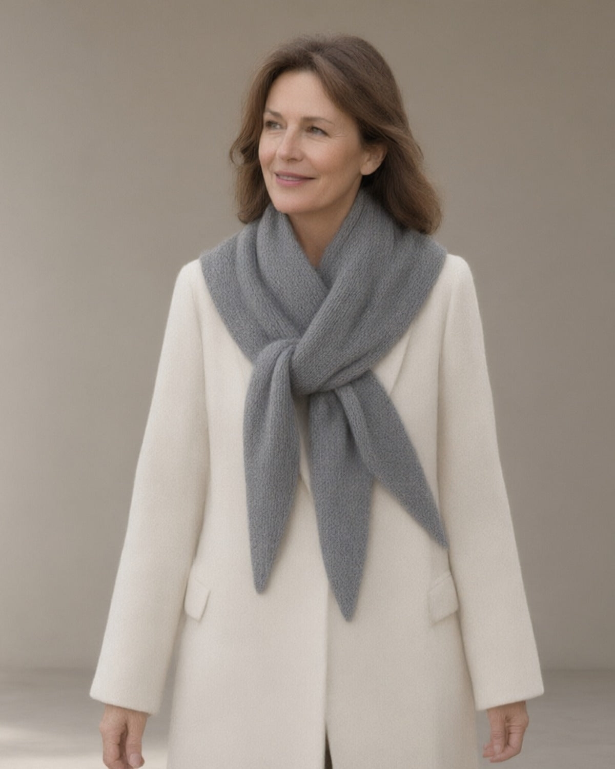 Women's Slim Knitted Wool Scarf, Triangle Tie, Grey – front, studio