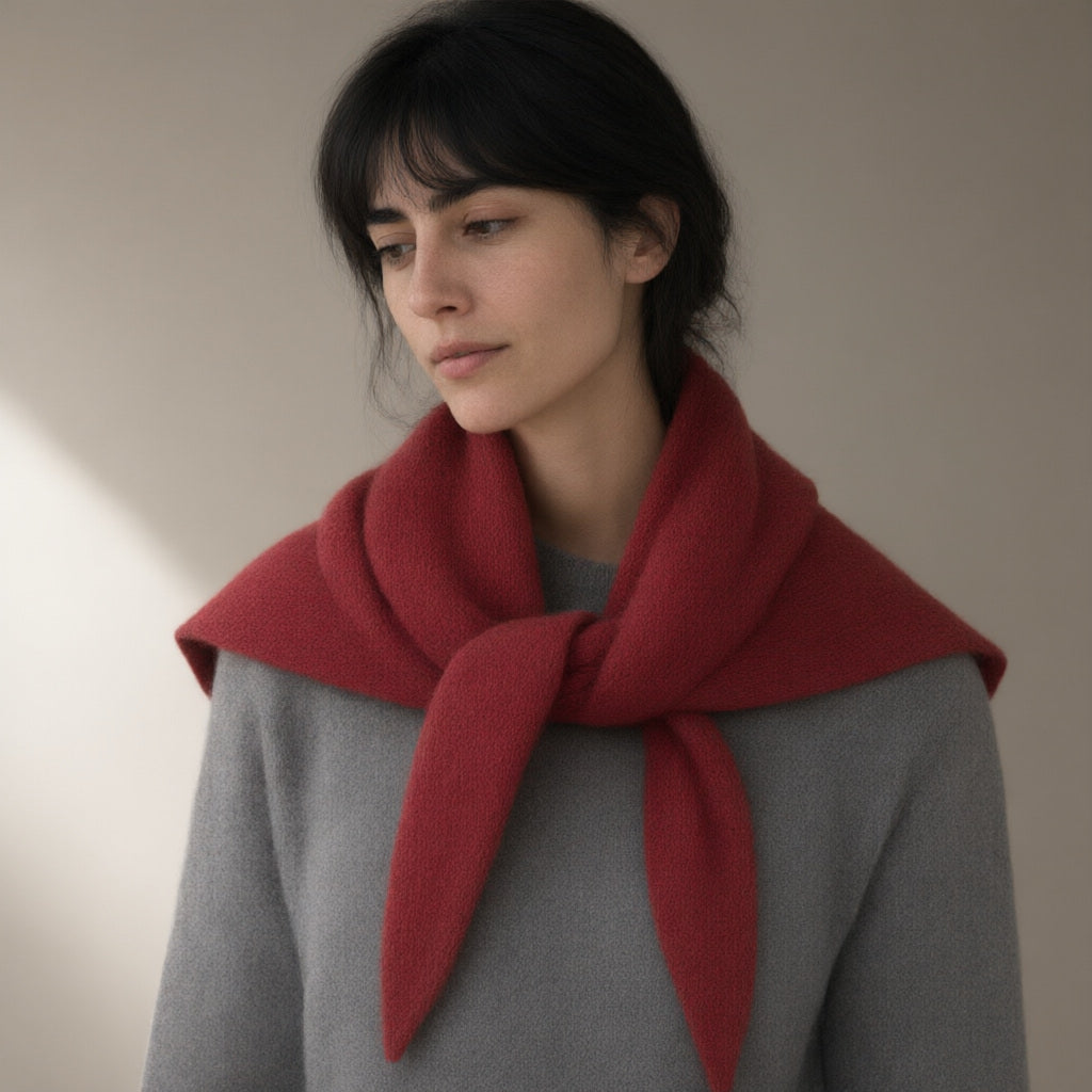 Woman wearing the striped knit triangle scarf, three-quarter view, studio