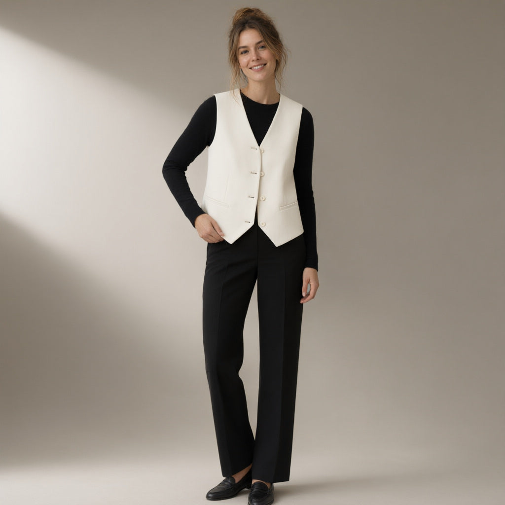 Woman wearing the tailored v-neck waistcoat, adjustable back, full length, studio