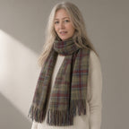 Woman wearing the tasselled plaid scarf, 200 x 50cm, full length, studio