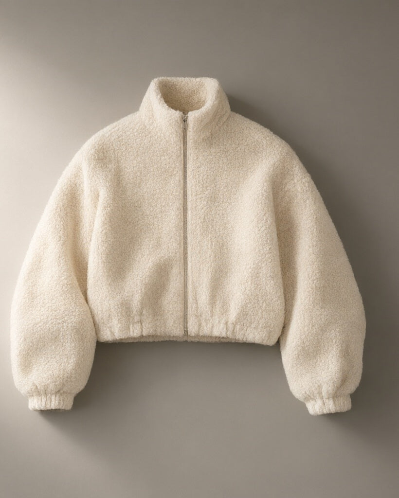 Women’s Teddy Fleece Jacket, Zip Stand Collar, laid flat on a stone backdrop