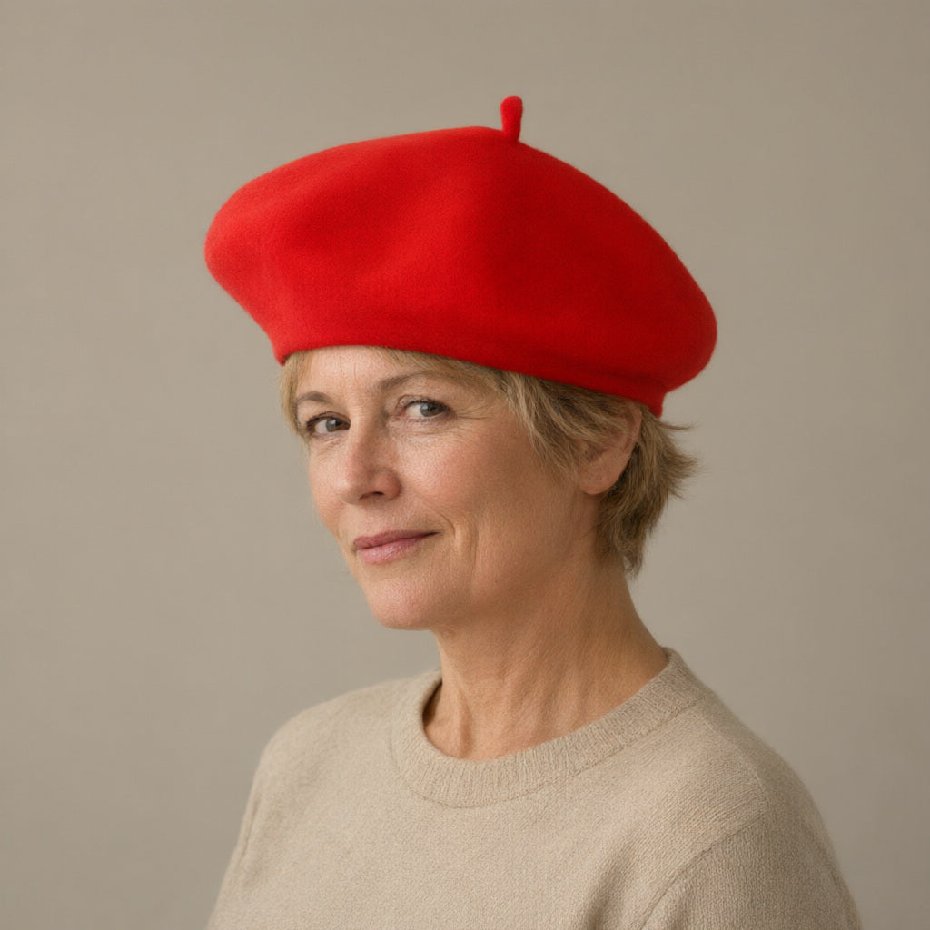 Woman wearing the thick knit beret, full length, studio