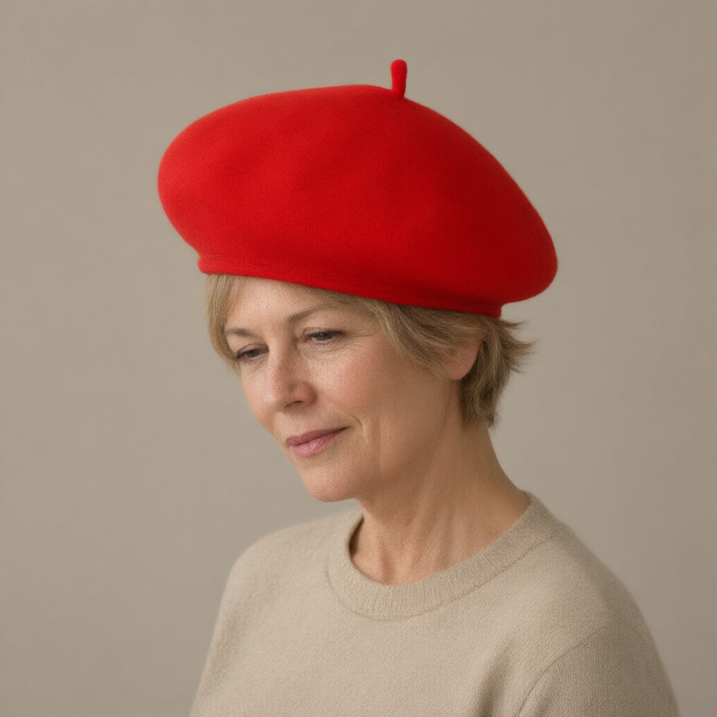 Woman wearing the thick knit beret, three-quarter view, studio