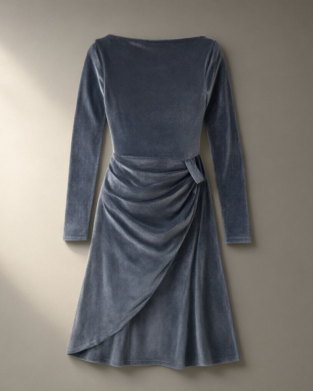 Women’s Twist-Waist Velvet Evening Dress, Long Sleeve – Slate Grey, laid flat on a stone backdrop