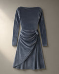 Women’s Twist-Waist Velvet Evening Dress, Long Sleeve – Slate Grey, laid flat on a stone backdrop