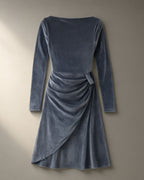 Women’s Twist-Waist Velvet Evening Dress, Long Sleeve – Slate Grey, laid flat on a stone backdrop