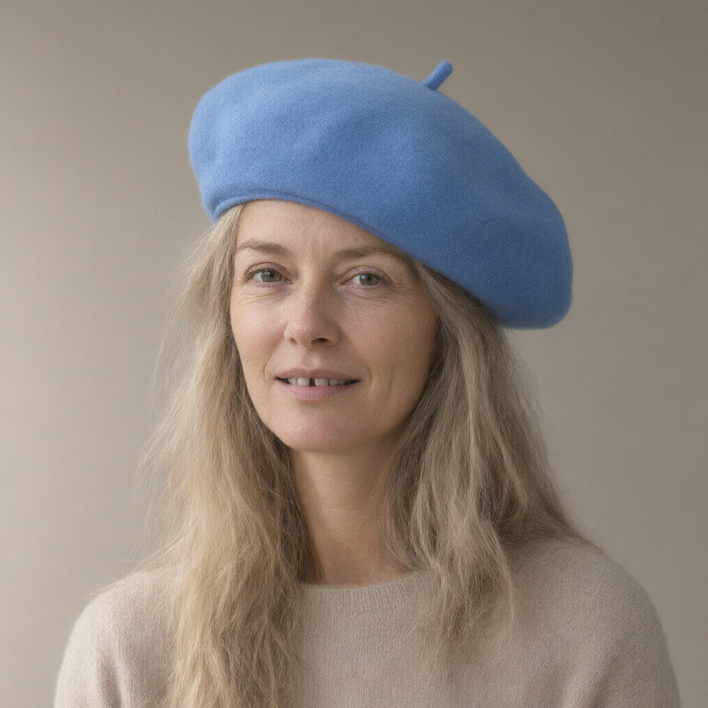 Woman wearing the wool-blend beret, french-style, full length, studio