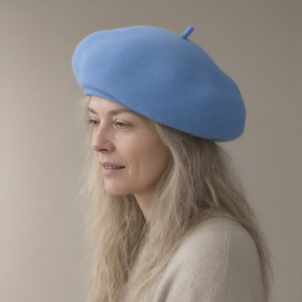 Woman wearing the wool-blend beret, french-style, three-quarter view, studio