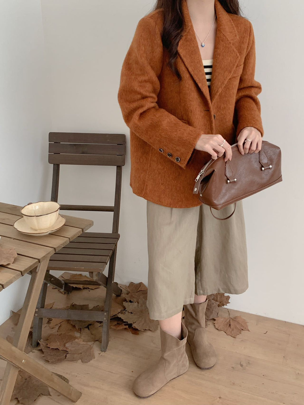 Women's Double-Faced Wool Blend Blazer, Single-Breasted in rust, front