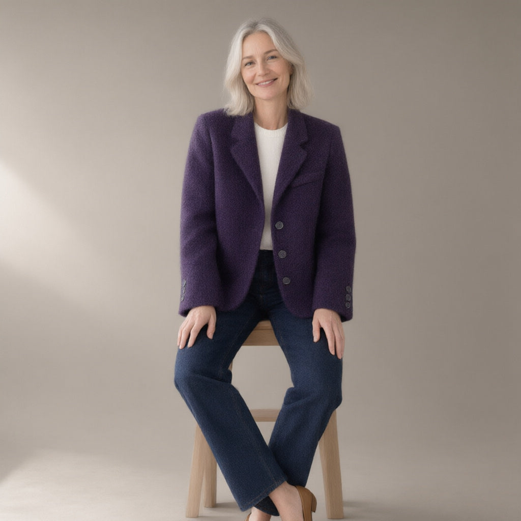Woman wearing the double-faced wool blend blazer, single-breasted, full length, studio