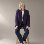 Woman wearing the double-faced wool blend blazer, single-breasted, full length, studio