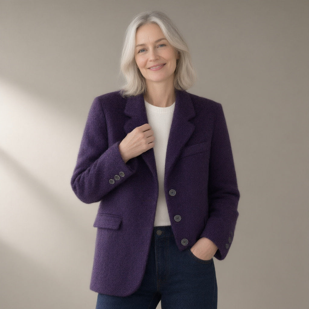 Woman wearing the double-faced wool blend blazer, single-breasted, three-quarter view, studio
