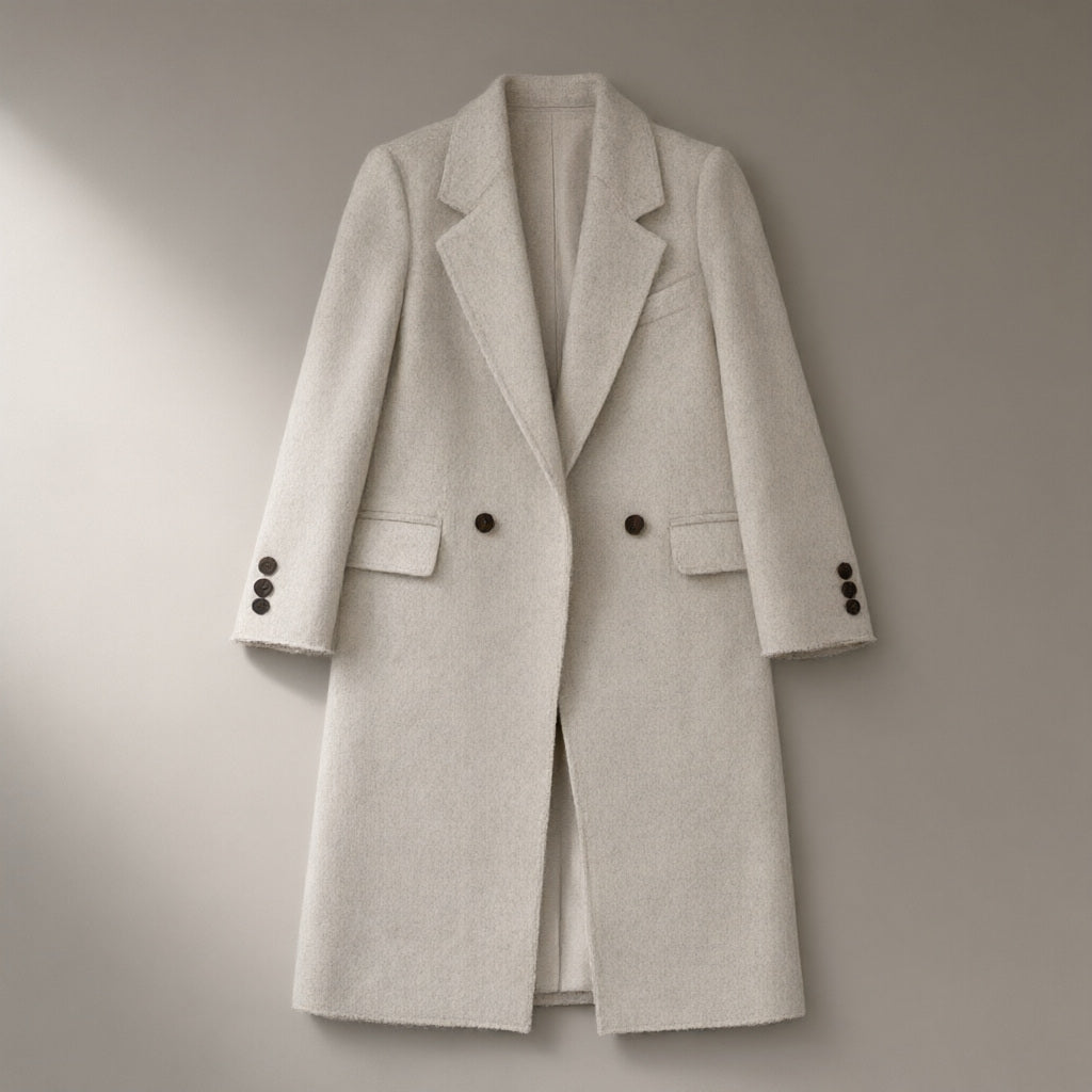Women’s Wool Blend Coat, 70% Wool Double-Faced, laid flat on a stone backdrop