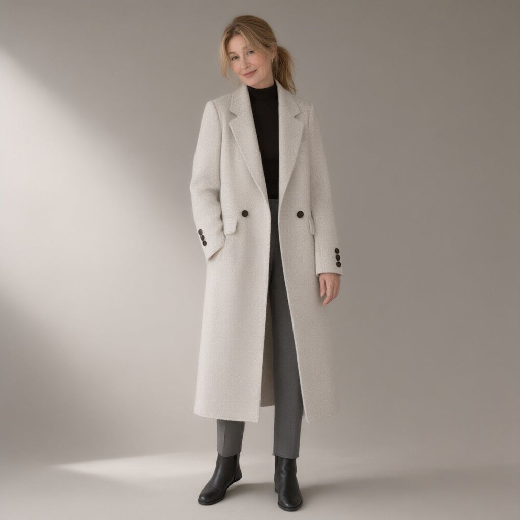 Woman wearing the wool blend coat, 70% wool double-faced, full length, studio