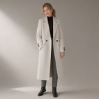 Woman wearing the wool blend coat, 70% wool double-faced, full length, studio