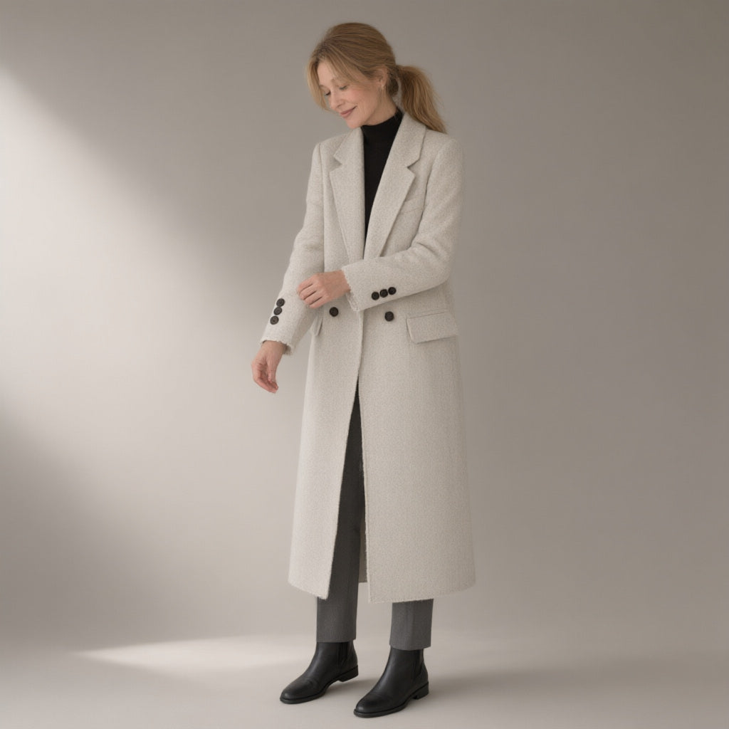 Woman wearing the wool blend coat, 70% wool double-faced, three-quarter view, studio