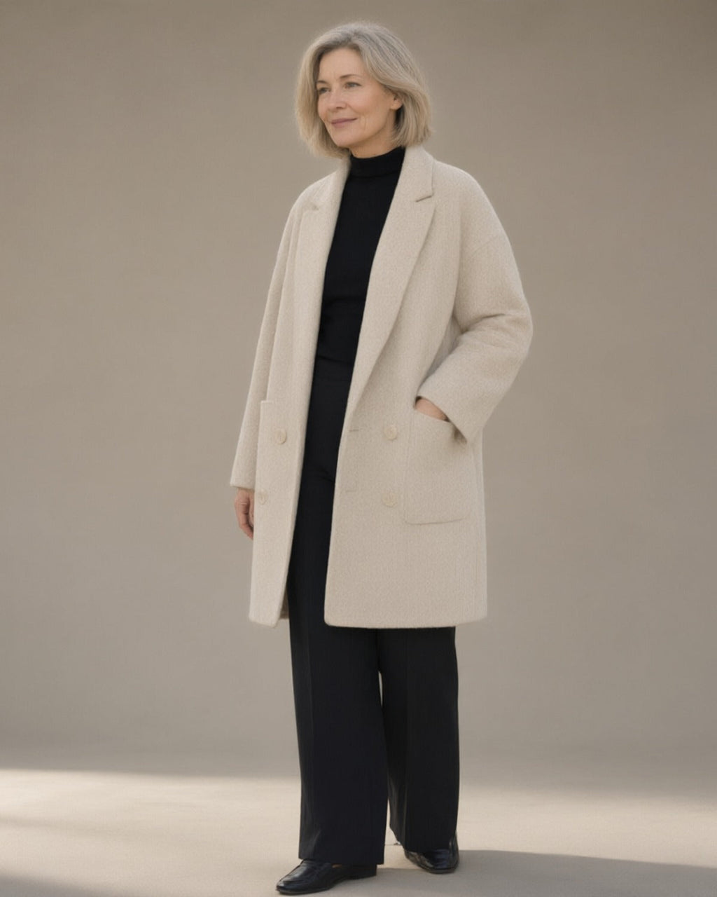 Women's Relaxed Wool-Blend Coat, Double-Faced, Beige – three-quarter view