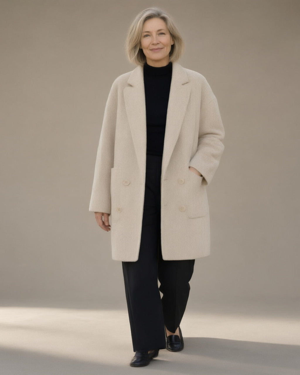 Women's Relaxed Wool-Blend Coat, Double-Faced, Beige – walking, full length
