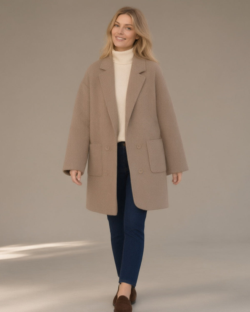 Women's Relaxed Wool-Blend Coat, Double-Faced, Camel – walking, full length
