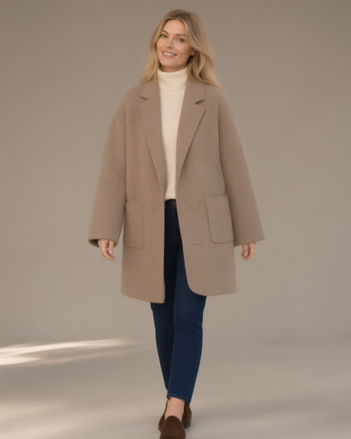 Women's Relaxed Wool-Blend Coat, Double-Faced, Camel – walking, full length
