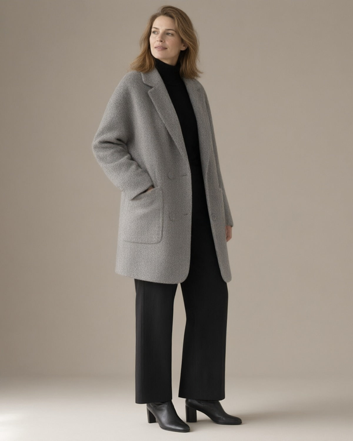 Women's Relaxed Wool-Blend Coat, Double-Faced, Grey – three-quarter view