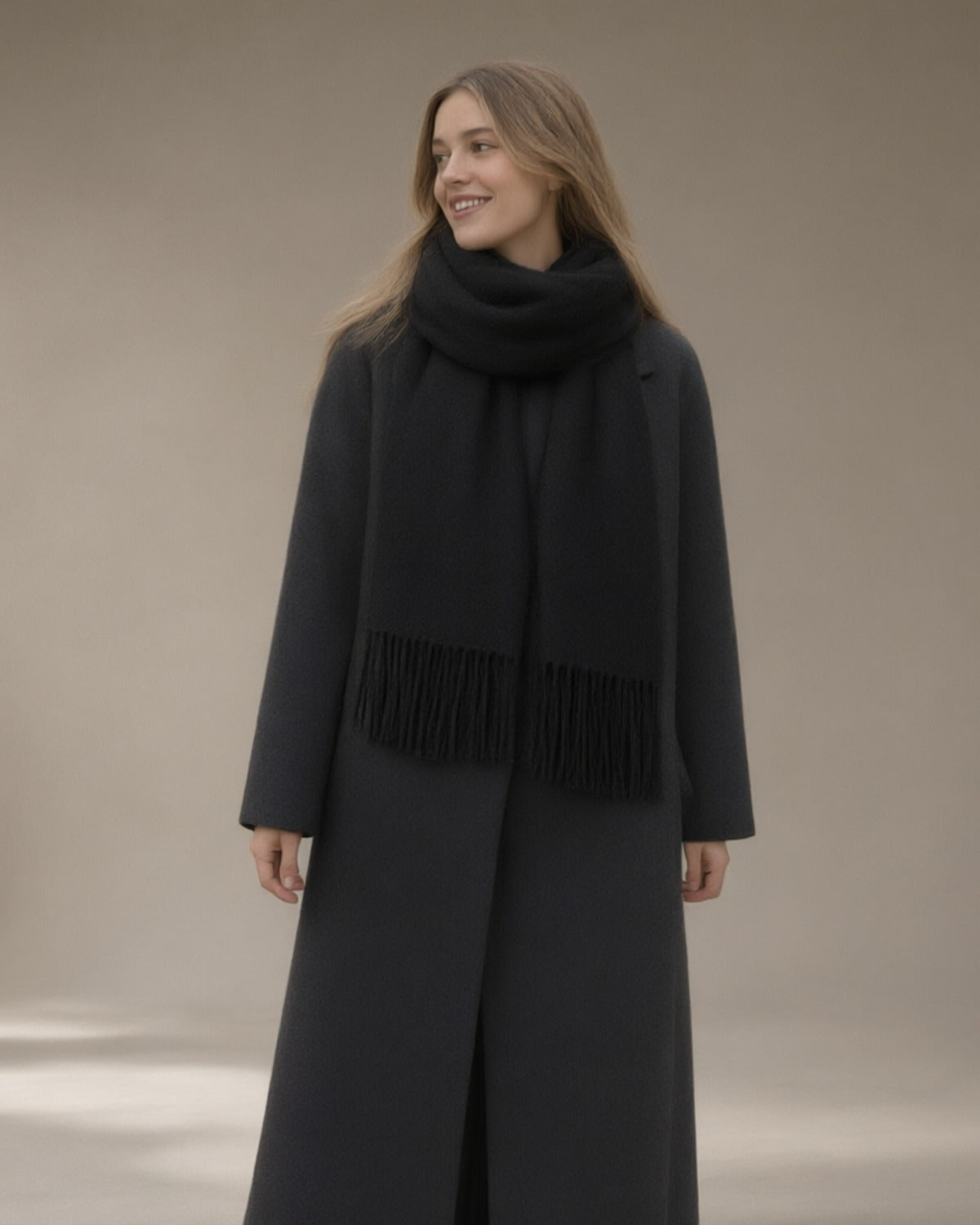 Women's Wool Scarf with Fringe, 32 x 180 cm, Black – front, studio